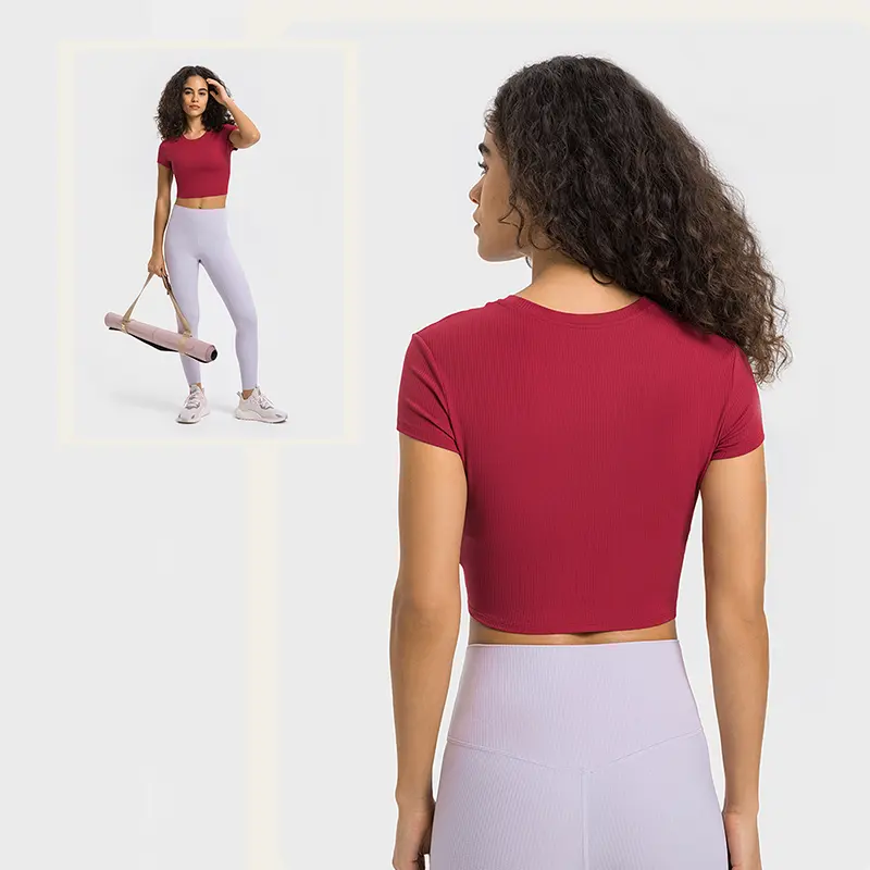 Kaus Pakaian Fitness Olahraga Wanita Kualitas Tinggi Atasan Crop Top Yoga Gym Lari Latihan Lengan Pendek Bergaris