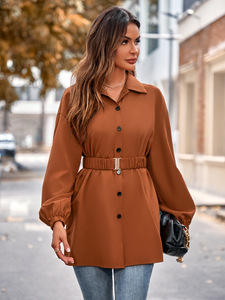Vente en gros Mode Nouvelles Femmes Couleur Unie Col de Chemise Simple Boutonnage Ceinture Chemise Décontractée Veste à Manches Longues - Product Image 3