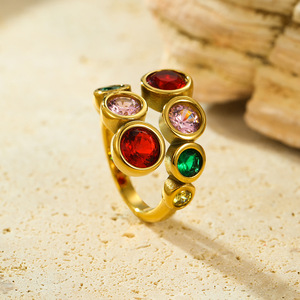 Anillos Abiertos de Circonita Redonda Colorida con Personalidad, Anillo de Compromiso y <span class=keywords><strong>Boda</strong></span> de Acero Inoxidable Chapado en Oro para Mujer - Product Image 1
