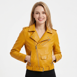 Blouson Moto Asymétrique en Cuir Véritable Jaune Moutarde pour Femme, Col Cranté, Ceinture à la Taille, Style Streetwear Tendance - Product Image 1