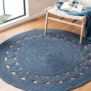 Tapis de jute rond bleu profond avec bordure circulaire. Look côtier et moderne. Disponible aux prix de gros. - Product Image 1