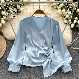 Design Sense V-Neck Nail <strong>Bead</strong> Pleated Long Sleeve Satin <strong>Top</strong> Women'S Chic <strong>Tops</strong> for Women Casual Blouses - Product Image 6