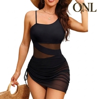 Maillot de bain une pièce asymétrique froncé en maille patchwork, monokini sexy grande taille amincissant pour femme