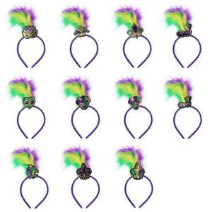 زينة الكرنفال: قناع نصفي ذهبي وأرجواني وأخضر، غطاء رأس، عصابة رأس بالريش، خرز ثلاثي الألوان، أزياء متنوعة - Product Image 6