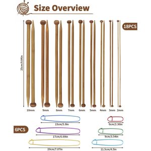 9 Pairs Bamboo Knitting Needles Set with 6 <strong>Stitch</strong> <strong>Holders</strong>, 2-10mm Single Point Wooden Knitting Needles, 10in Long for Scarves - Product Image 2