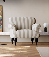 Fauteuil de Style Rétro Français Chaise Tigre en Lin Rayé Vintage pour Petits Espaces Mid-Century Moderne Chambre Hôtel Salon