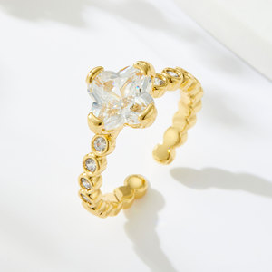Flower Shape Open Ring Gold Plated Zircon Adjustable Index Finger Band - Product Image 1