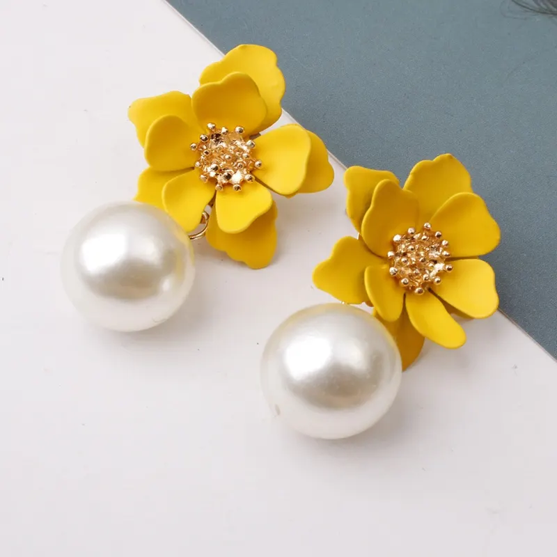 Hawaiian Gold Colorful Fashion Jewelry Earrings Cute Dangle Red Floral Flower Pearl Drop Earring Stud For Women