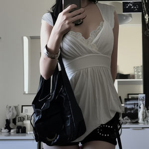 Camiseta de Manga Corta Estilo Francés para Mujer, Cuello en V Profundo, Encaje, Espalda con Lazada, Cintura Fruncida, Ajustada, Sexy, Elegante e Informal - Product Image 6