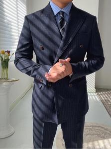 <span class=keywords><strong>Costume</strong></span> d'affaires italien élégant à double boutonnage rayé pour les loisirs Gentleman <span class=keywords><strong>bleu</strong></span> <span class=keywords><strong>marine</strong></span> costumes pour hommes <span class=keywords><strong>pantalon</strong></span> à fermeture éclair - Product Image 2