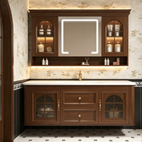 Ensemble de meubles de salle de bain de luxe en bois de noyer avec porte en verre cintrée, armoire flottante et miroir LED intelligent – Fabrication OEM/ODM sur mesure