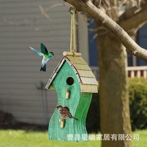 Wooden Birdhouse Green Irregular Shape Hanging Ornament Handmade <b>Garden</b> Decoration - Product Image 2