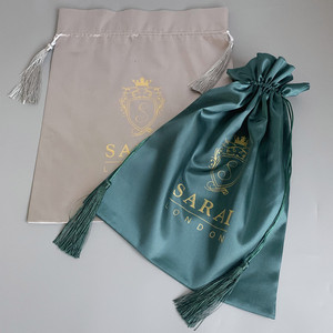 Büyük Gri Yeşil İpek Saten İpli Toz Torbası, Çanta Kılıfları, Saten Giysi Çantası, Püsküllü Saten Çanta - Product Image 5