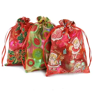 Hot Koop Promotionele Vilt Kerst Organza Sheer Bag, Kerst Organza Zakjes Kerstman Trekkoord In Bulk