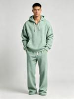 Nouvel Arrivage Ensemble de Survêtement Homme en Maille Gaufrée, Sweat à Capuche Demi-Zip avec Poche Kangourou et Pantalon de Survêtement à Taille Élastique, Tenue Décontractée pour Homme