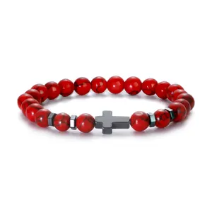 New Design Agate Turquoise Stone Hematite Cross Elastic Beaded Bracelet Cheap Men Jewelry JBS12406