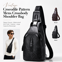 Sac bandoulière vintage en cuir véritable motif crocodile pour homme, fermeture éclair, étanche, antivol, grande capacité, tendance