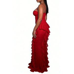 Vestido de Encaje Rojo para Mujer - Tirantes Finos, Volantes en el Bajo, Espalda Descubierta, Vestido Formal de Noche, Ropa de Moda - Product Image 2