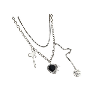 S925 Silver Double Layer Necklace <b>Heart</b> <b>Black</b> Onyx Pendant Sweater Chain Women Fashion Jewelry - Product Image 5