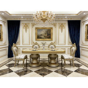 Bộ bàn ăn 9 món hình chữ nhật chạm khắc phong cách châu Âu, chất liệu gỗ nguyên khối, màu vàng champagne, lưng ghế hình chữ thập, phù hợp với biệt thự nhỏ. - Product Image 3