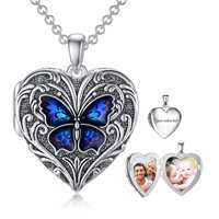 Vente en gros de collier médaillon photo gravé en forme de cœur de papillon en émail en argent sterling S925
