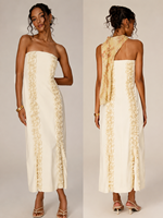 Nouvelle Arrivée Été 2026 USA Australie : Robe Midi Crème Sans Bretelles en Mousseline Florale avec Volants Verticaux et Nœud à Nouer au Dos – Grande Vente