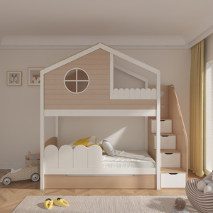 Cama litera tipo casa en el árbol personalizable con ventana, escalera de almacenamiento, barandillas, cama infantil todo en uno para dormir, jugar y guardar - Product Image 1