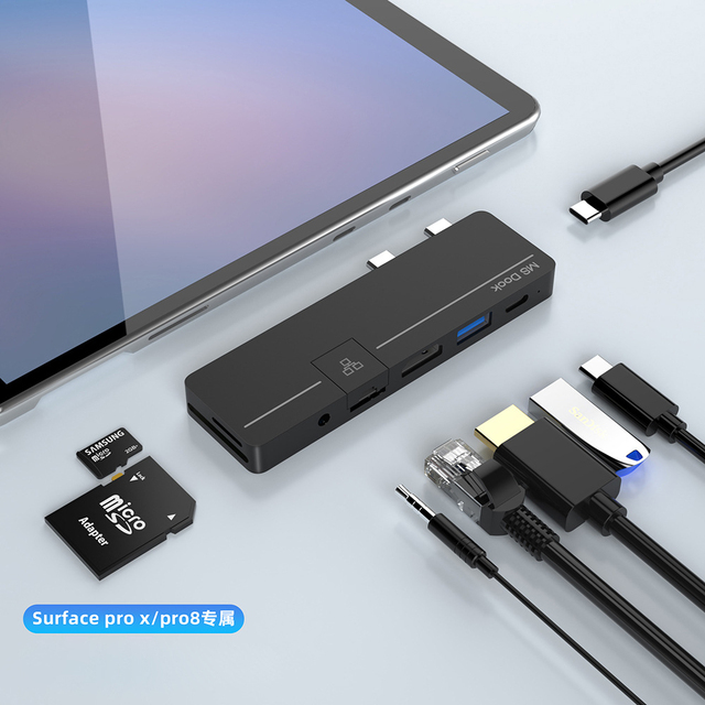 Dual Type-C RJ45 SD TF Thunderbolt 3-8-in-1 USB Hub for Surface Pro 9/10 Laptop ABS Material Black 12-Month Warranty Stock