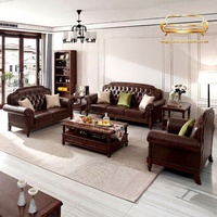 Ensemble de canapés en cuir et bois massif de style ancien, cuir de vachette première couche, combinaison 1+2+3, design épuré, mobilier de salon et de villa, quatre pièces