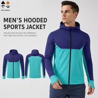 Veste de sport à capuche pour homme, blocs de couleur contrastés, fermeture éclair intégrale, 90 % nylon, 10 % élasthanne, respirante, coupe-vent, pour course à pied et fitness en extérieur