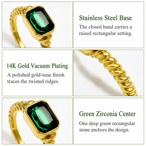 Green Rectangular Zirconia <b>Ring</b> Stainless Steel 14K Gold Vacuum Plated Twisted <b>Band</b> with <b>Emerald</b> Color Stone - Product Image 2