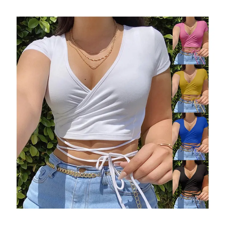 Fabricant chinois Vente en gros à la mode Décontracté Sexy Couleur unie T-shirt col en V personnalisé Manches courtes Bandage Crop Top pour femmes