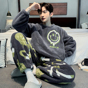 Conjunto de Pijama de Felpa Suave para <span class=keywords><strong>Hombre</strong></span>, Grueso y Cálido, de Felpa de Coral con Dibujos Animados, Ropa de Dormir Juvenil - Product Image 6