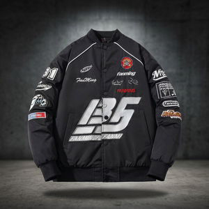 Veste bomber noire pour homme FANMING, imprimé lettres, design patchwork, coupe-vent, style motard, manteau d'automne - Product Image 2