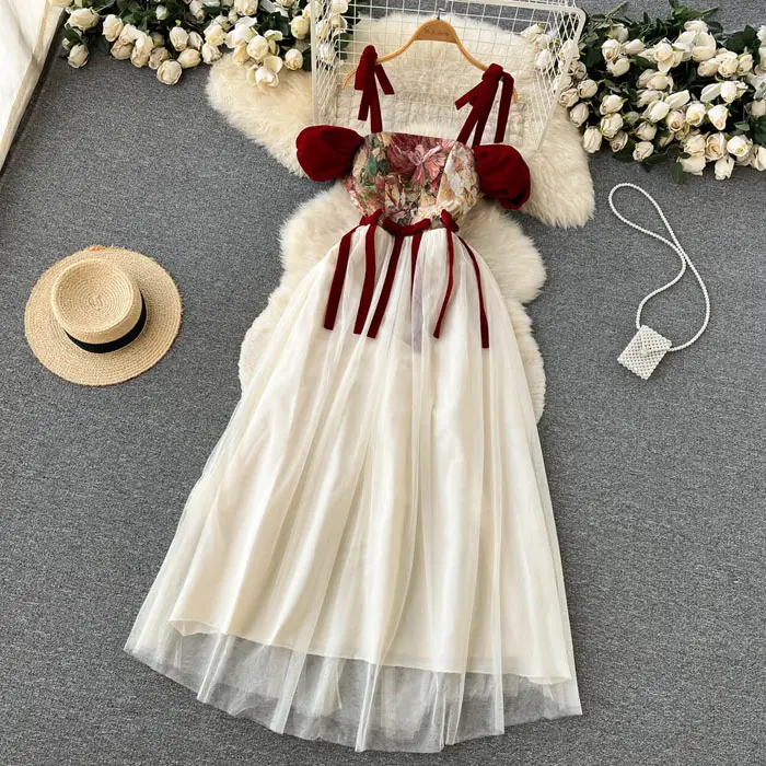 LY4072新しい2023韓国のシックな甘い花柄パッチワークメッシュドレスレディースプリンセスドレス女性服4