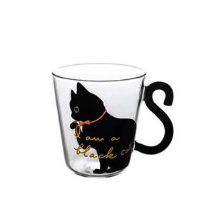 300ml बिल्ली के आकार का गिलास कप काले बिल्ली स्टिकर दूध रस कांच के कप के साथ संभाल