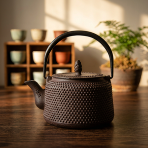 Tetera de metal tradicional china con tapa y asa, diseño texturizado en marrón oscuro - Product Image 2