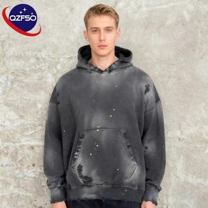 QZFSO Custom <b>Vintage</b> Distress Paint Graphic Acid Wash Heavyweight Sun Faded <b>Sweatshirt</b> Cotton French Terry <b>Oversized</b> Men Hoodie - Product Image 1