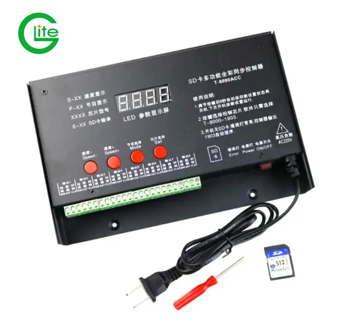 8192 Pixels T8000 T-8000A AC220V/110V SD Card DC5V Pixel Controller for WS2801 WS2812B WS2811 LPD8806 RGB LED Strip Controller
