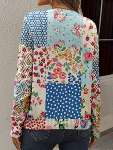 Maglione Vintage con Stampa Floreale e <span class=keywords><strong>Pois</strong></span>, Casual Primaverile, Maniche Lunghe, Scollo a V, 100% Poliestere Traspirante - Product Image 2