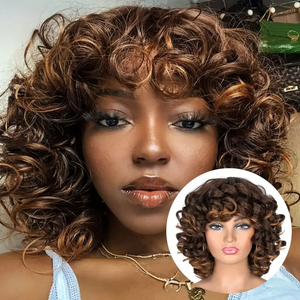 Perruques ondulées en fibre synthétique de haute qualité, perruque fabriquée à la machine pour femmes afro courtes et frisées noires, résistantes à la chaleur, <span class=keywords><strong>avec</strong></span> <span class=keywords><strong>frange</strong></span> - Product Image 1