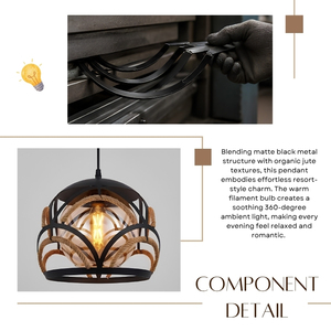 Luminaire suspendu en verre ambré avec cordon en jute noir mat de qualité industrielle Savanna - Product Image 5