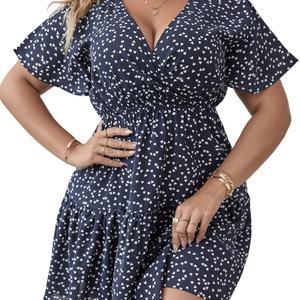 Femmes grande taille col en v a-ligne robe courte décontracté élégant Sexy Mini coton manches courtes avec ourlet à volants été - Product Image 5
