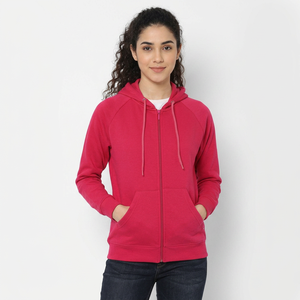Sweat-shirt à capuche zippé rose pour femme, en coton tricoté, couleur unie, pour l'automne, longueur normale, design respirant - Product Image 1
