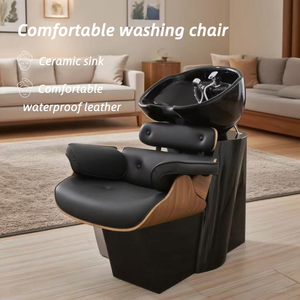 Fauteuil de lavage en cuir imperméable noir avec bac en céramique pour salon de coiffure et spa - Product Image 1