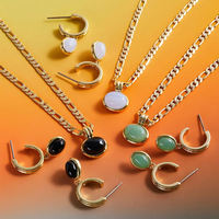Vintage 18k Plaqué Or Chaîne Collier Vert Jade Gem Boucles D'oreilles Pendentif Ensemble En Acier Inoxydable Bijoux Ensembles De Mariage pour femme