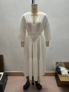 Vestido Maxi de verano elegante de alta calidad para mujer, túnica bordada con manga larga, cubierta de algodón de encaje, Vestido camisero con botones, vestido informal Sexy - Product Image 3
