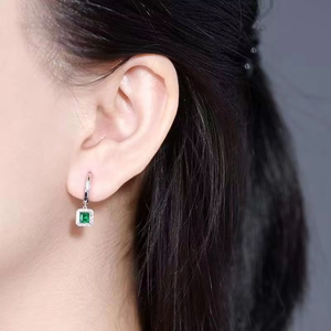 18K White Gold Square Cut Natural Emerald Drop <b>Earrings</b> Twisted Diamond Hoop <b>Halo</b> Fine Women Gemstone Jewellery - Product Image 6