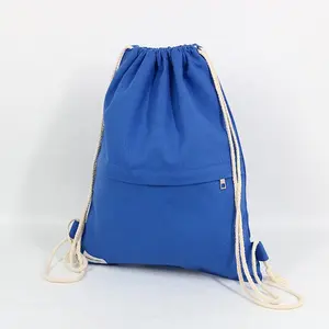 Yeniden kullanılabilir ve dayanıklı doğal tuval pamuk spor çantası sırt çantası İpli fermuarlı çanta cep