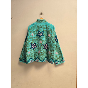 <b>Women</b>’s Teal Fleece Zip-Up Jacket with Stand Collar, Geometric Floral Pattern and Thick Warm Winter <b>Coat</b> - Product Image 6
